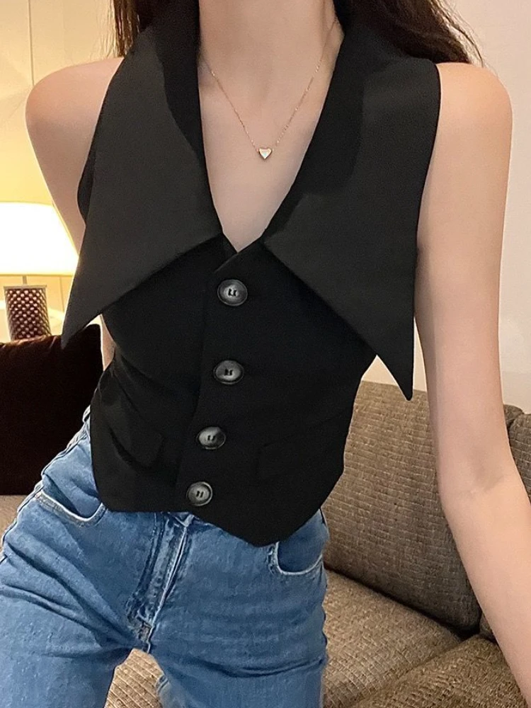 Tanks Women Slim Sexy Design Elegant Crop French Style Personality Summer Turn-down Collar Simple Pure Ladies All-match Office