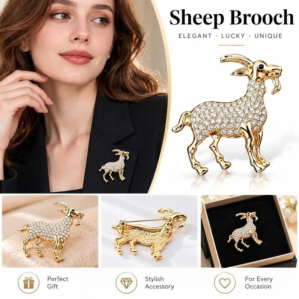 Gifts Shiny Rhinestone Sheep Brooch Alloy Inlaid Lapel Pin Safety Pin Back Sparkling Clothing Fixing Pins Coat Scarf Decoration