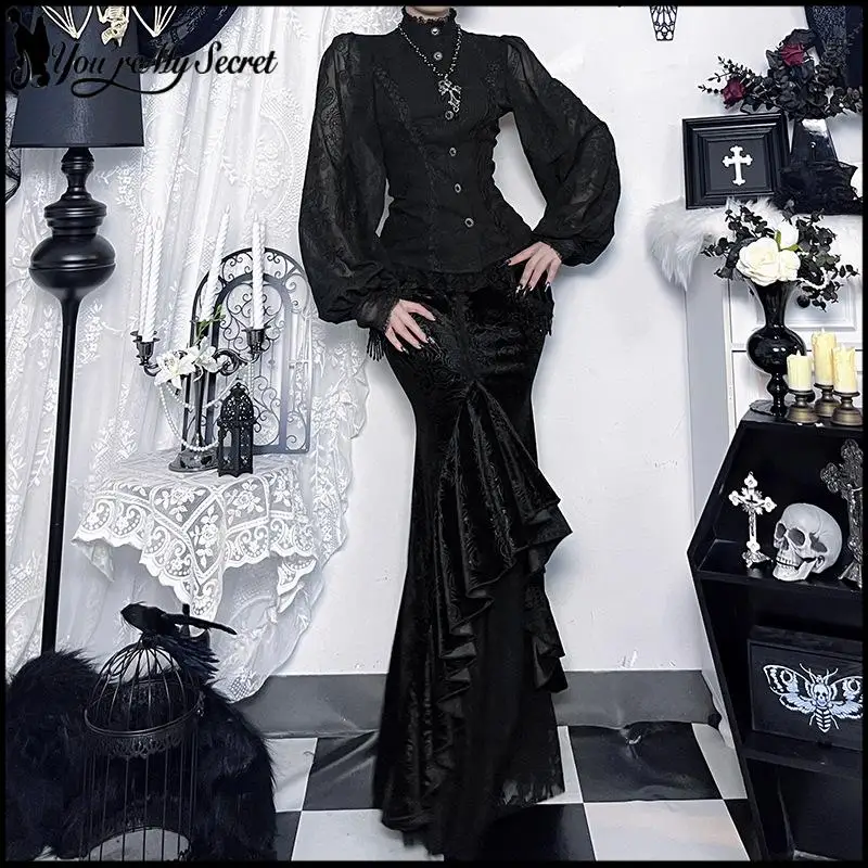 الخريف المرأة ذيل السمكة تنورة جديدة غير النظامية هيكل السمكة تنورة خمر ثقافة فرعية أسلوب فاسق موضة القوطية فستان ذيل السمكة الأسود #2