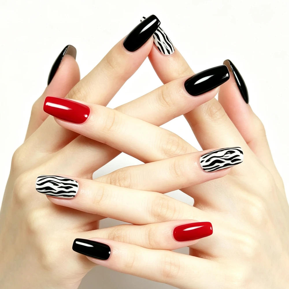 

Red Black Zebra Pattern Square False Nails Glossy Press On Nails Reusable Artificial Nail Kit With Nail Tools For Ladies