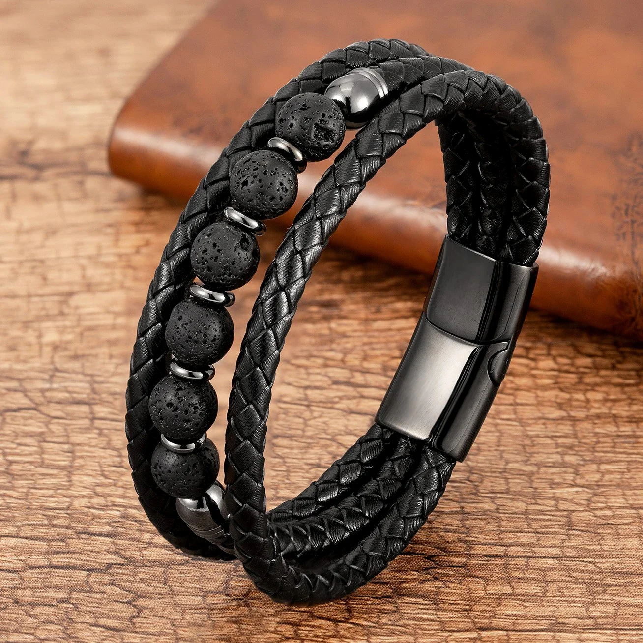 Natural Volcanic Stone Beaded Stone Bracelet, Fashion 3 Rows Handmade Leather Bracelet for Man Design Jewelry and Accessories