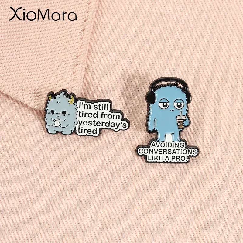Social Anxiety Enamel Pins Cartoon Blue Monster Avoiding Conversations Like A Pro Introverted Brooches Lapel Badge Jewelry Gifts