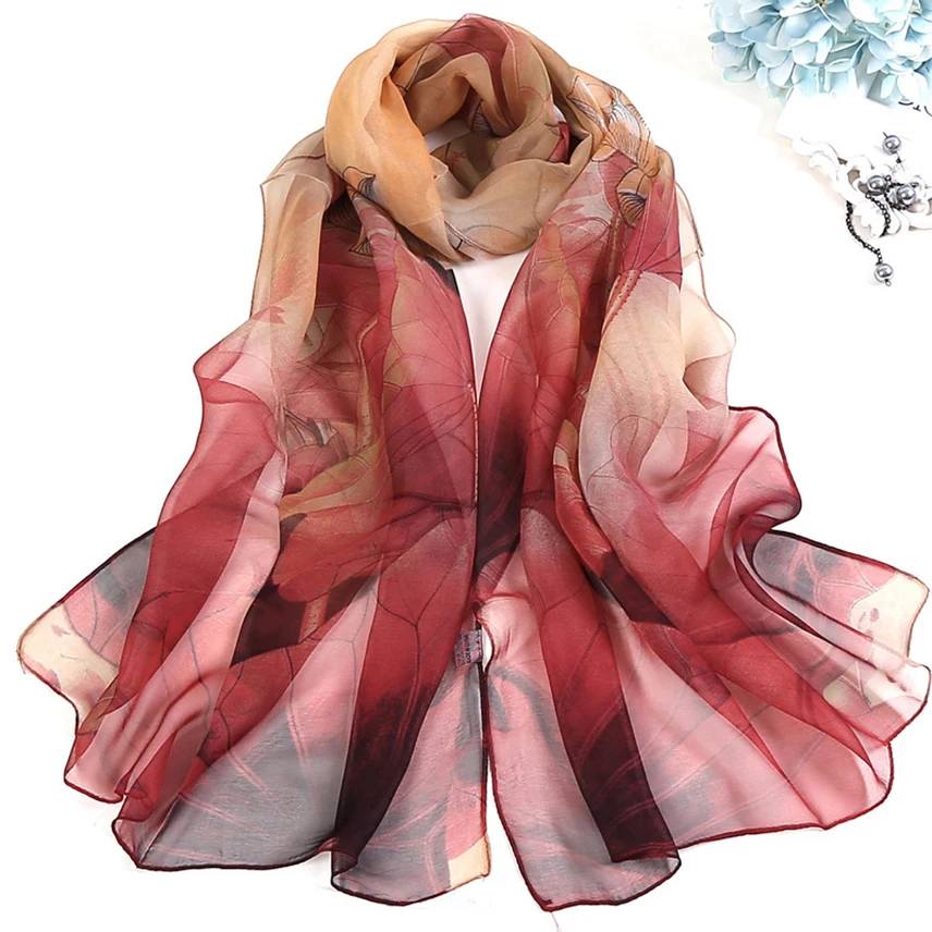 New Lotus Floral Summer Women Imitation Silk Scarf Bandana Chiffon Georgette Bandana Elegant Shawl Hijab Hairscarves Beach Scarf