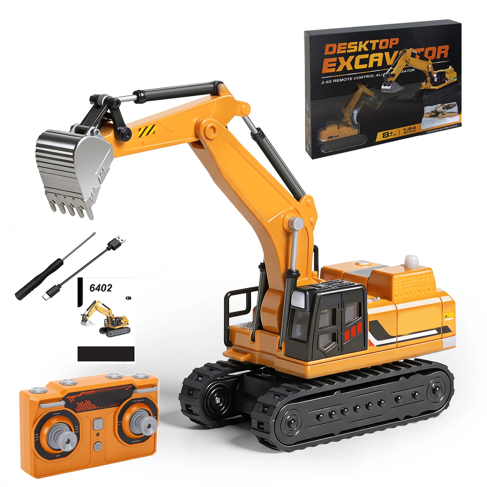 1/64 Mini RC Alloy Excavator 340° Rotatable Remote Control Desktop Engineering Toys Simulation Digging Action