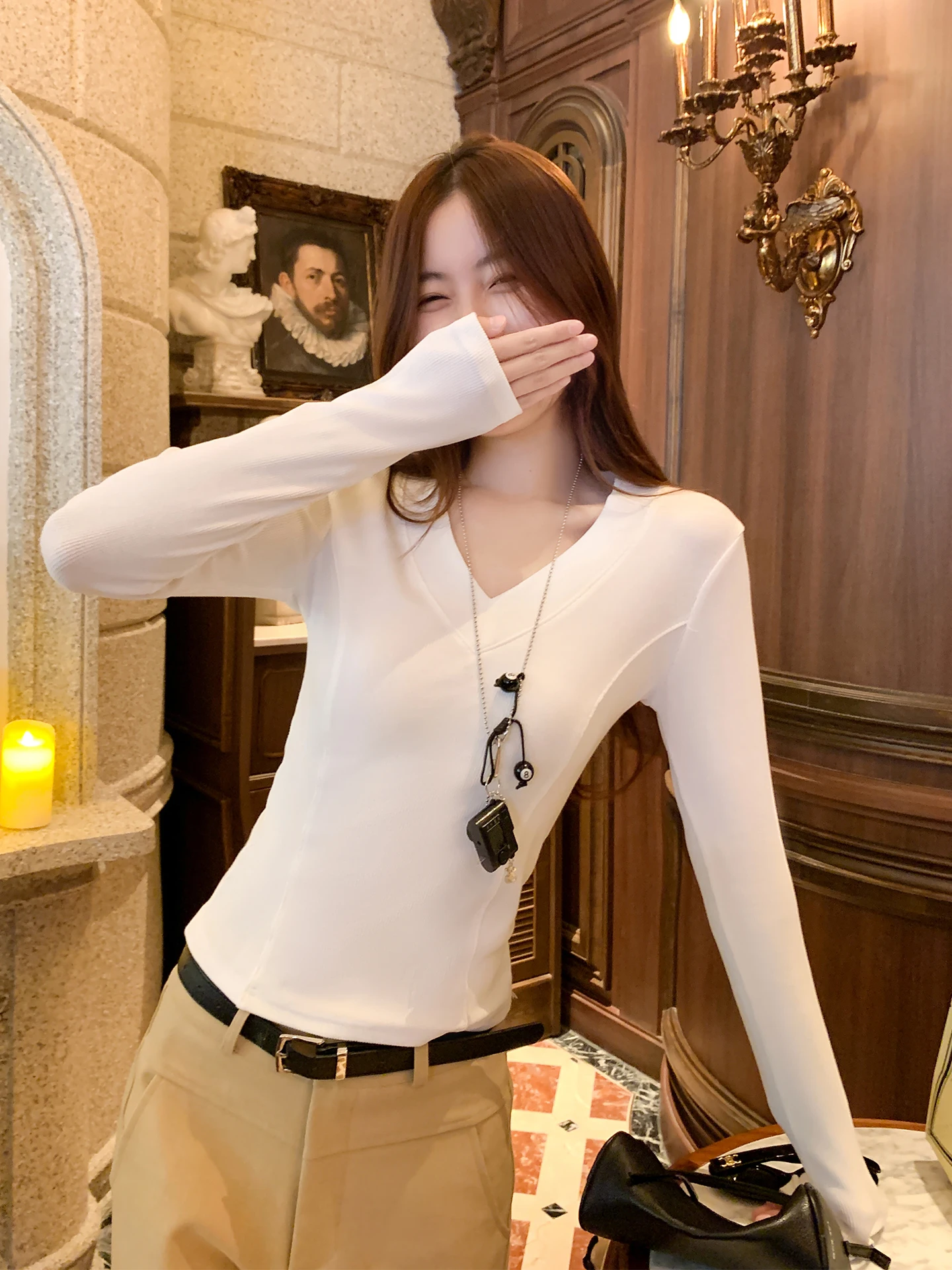 

Zeng Xiao Xian Корейский Sle V-Ne Long Sve Slim Fit Base irt Женская футболка для внутренней одежды Осень-зима Новый базовый топ