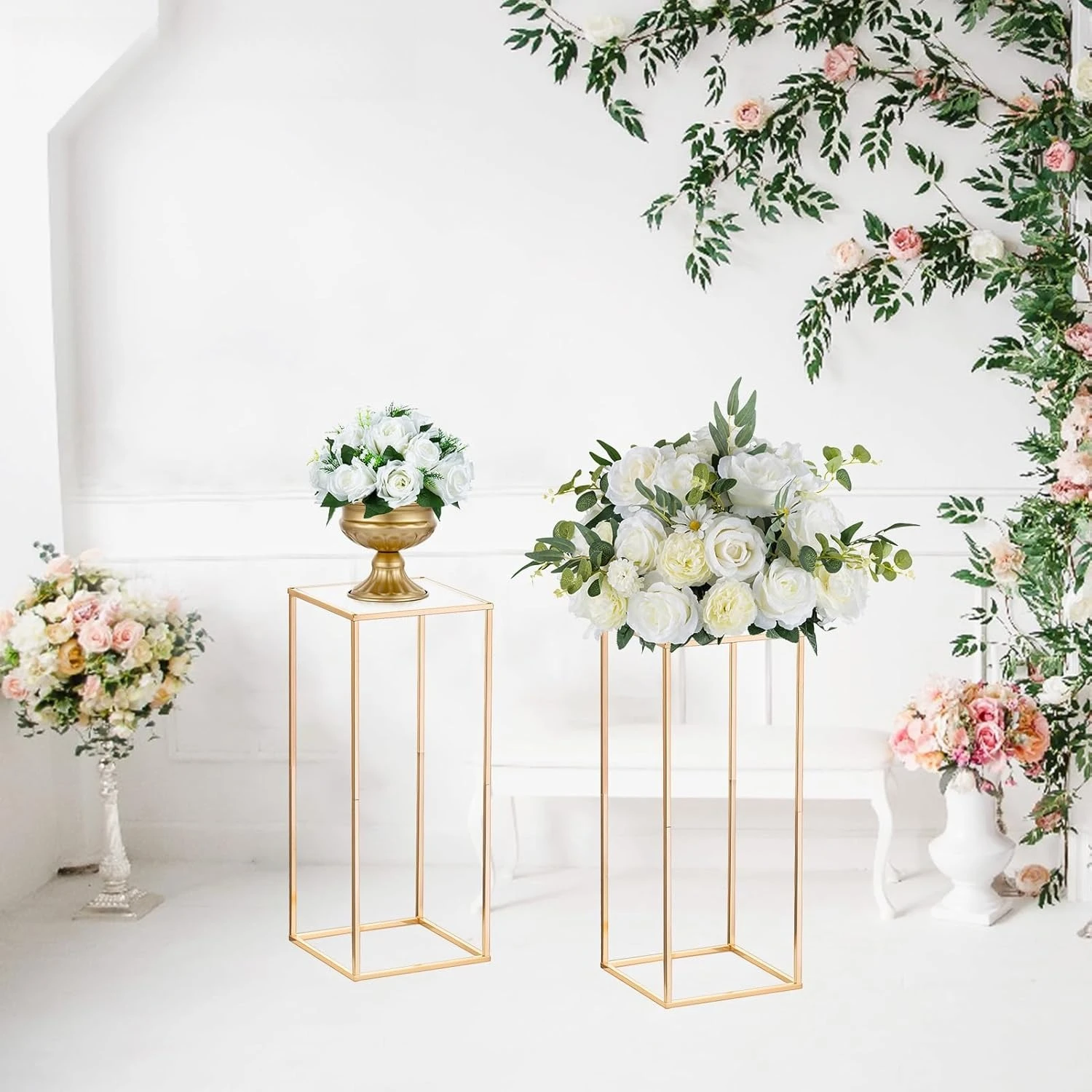

Wedding Centerpieces Gold Vases: 2 Pcs 23⅝ inch Tall Flower Stand Metal Floor Vase Column Geometric Centerpiece Stands