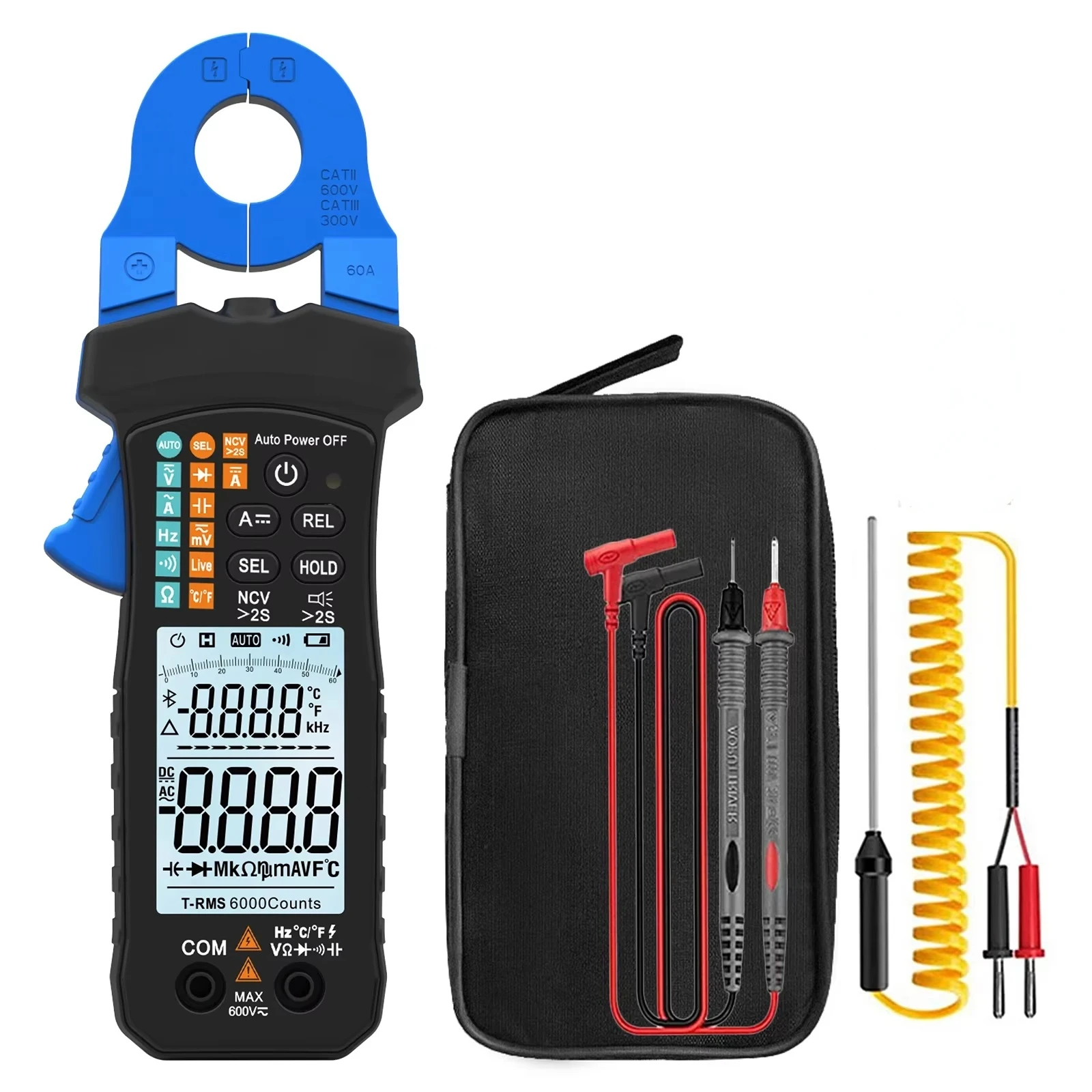 True RMS 6000 Counts Auto-Range AC/DC Clamp Meter, CAT II 600V, 6A/60A, V/A/Ohm/Cap/Diode/Cont, w/NCV & Temp for Electrician