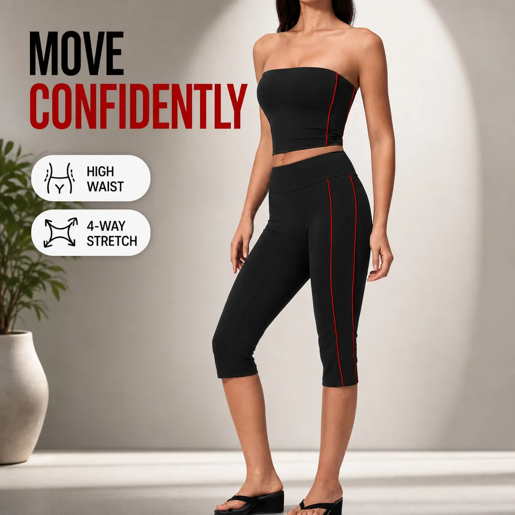 `Women Two Piece Yoga Set Strapless Bandeau Top Capri Leggings High Waist Contrast Piping Workout Gym Athletic Outfit`