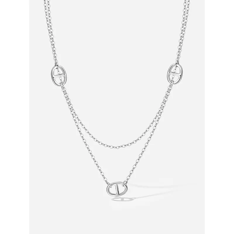 INS 925 Sterling Silver Layered Doubnle Rows Chain Pendant Sweater Station Necklace Choker Jewelry  C-A3058