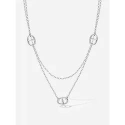 INS 925 Sterling Silver Layered Doubnle Rows Chain Pendant Sweater Station Necklace Choker Jewelry  C-A3058