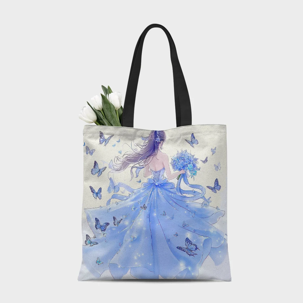 1Pc Beautiful Lady Back Shopping Bag Blue Skirt Flying Butterflies Holding Flowers Romantic Art Style Shopping Bag