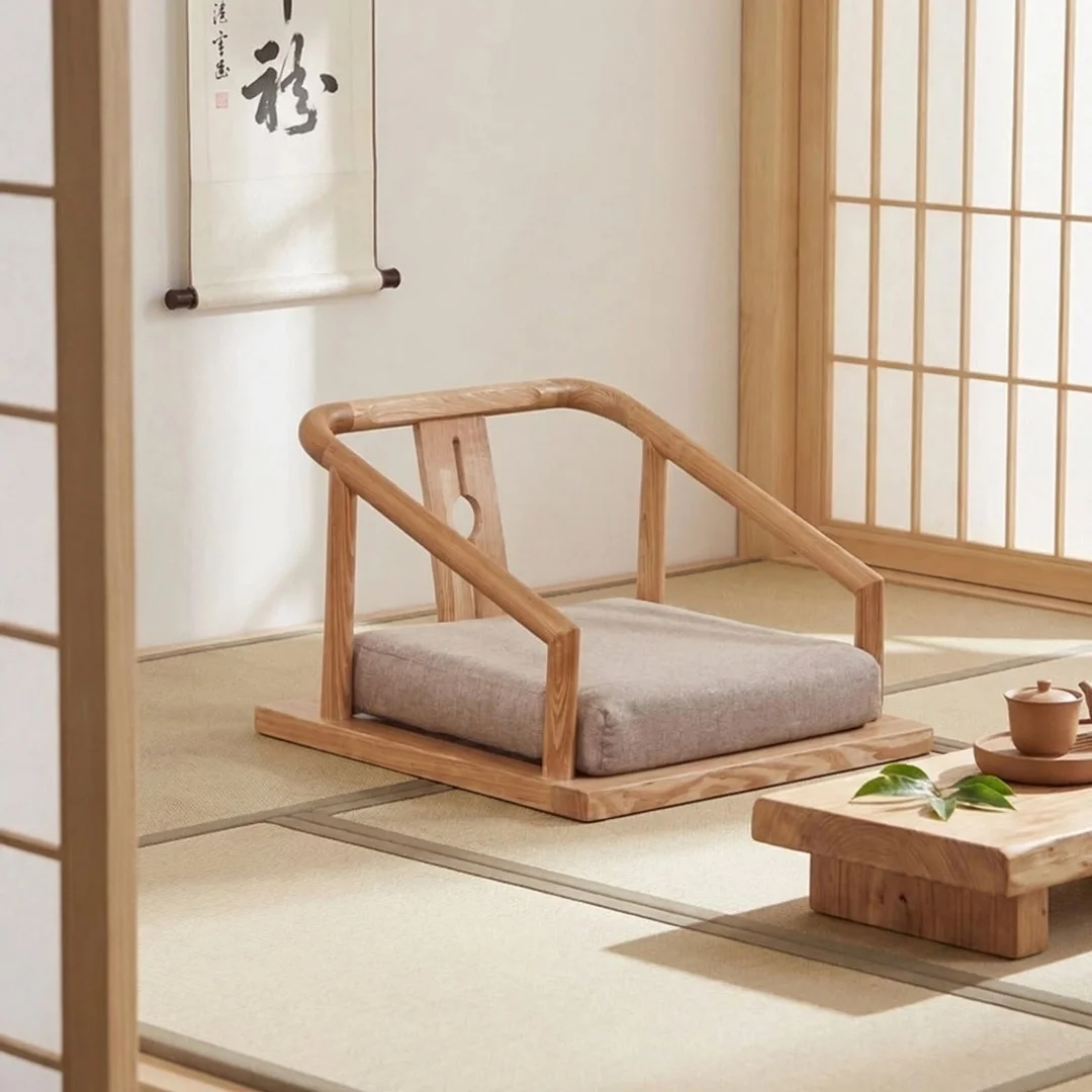 Extra Wide Solid Wood Japanese Tatami Floor Chair No-Legs Zen Meditation Armchair with Backrest, Asian Style Seat for Tea Room