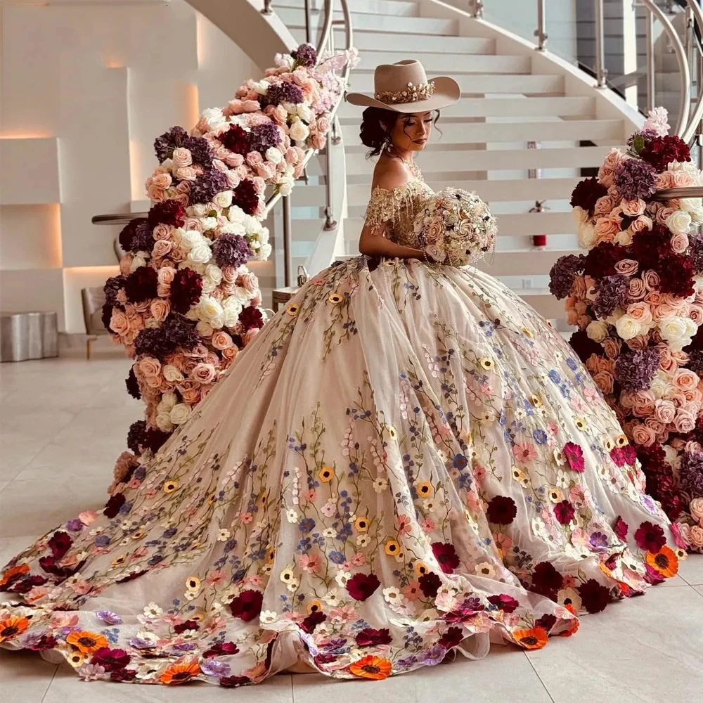 

Шампанское бальное платье, платья для Quinceanera, Цветные Цветочные аппликации, кружева, 3D цветы, бусины, корсет, платья 15 лет