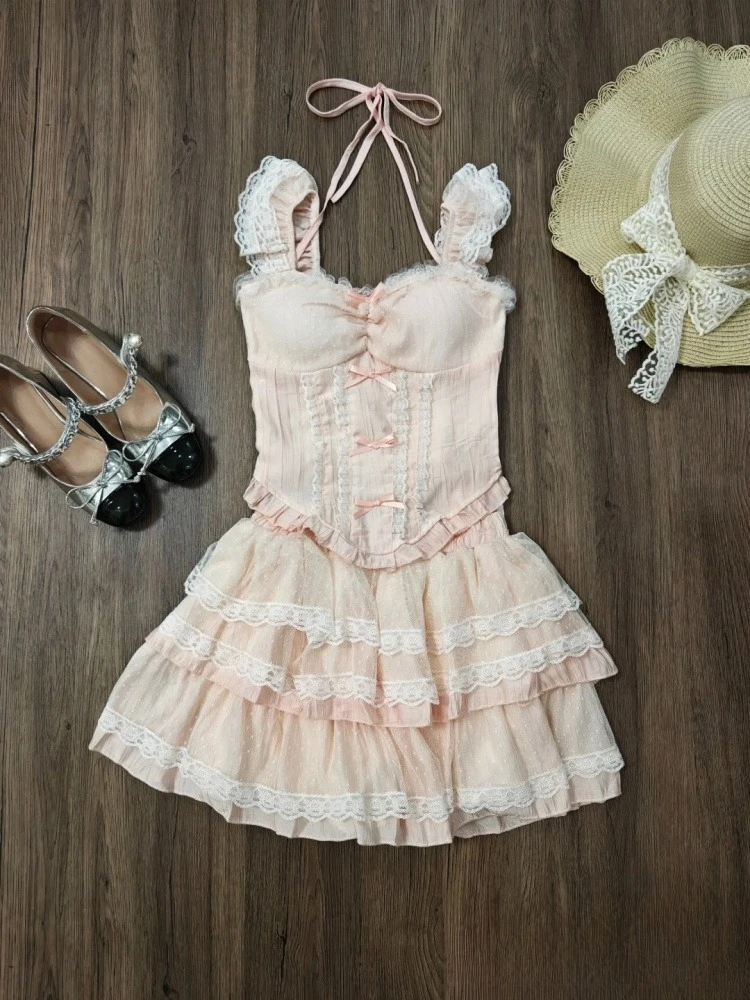 

2025 летняя милая женская одежда, комплект из 2 предметов Y2k, кружевные лоскутные топы с милым бантом + мини-юбки-торты, модная женская одежда Kawaii