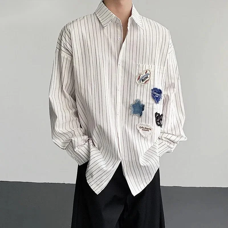 Vintage Men's Shirt Patchwork Applique Striped Long Sleeve Oversized Fit Casual Retro Streetwear Premium Blouse Top 9XBY6Y