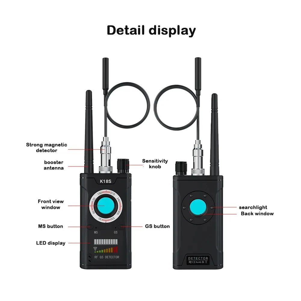 

Wireless RF Signal Detector Bug GSM Audio GPS Tracker Mini Camera Finder Camera Infrared Scanning AI Standby Automatic Detection