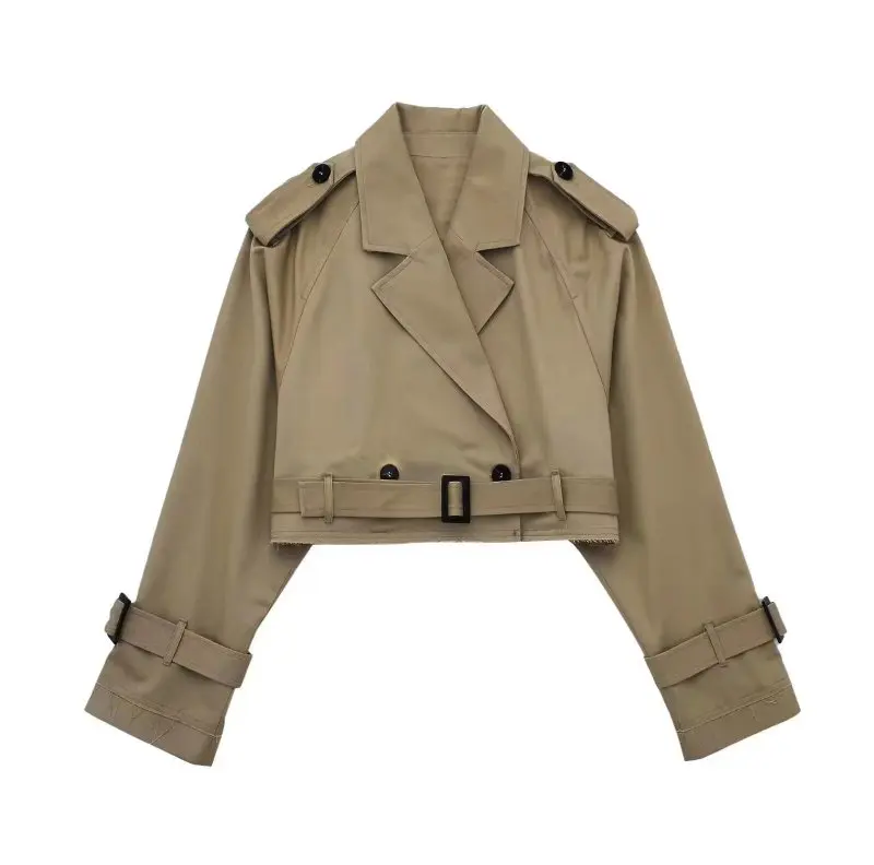 Pakaian mantel wanita lengan panjang, pakaian mantel Chic Wanita lengan panjang leher berlekuk Vintage, jaket Trench crop dengan sabuk