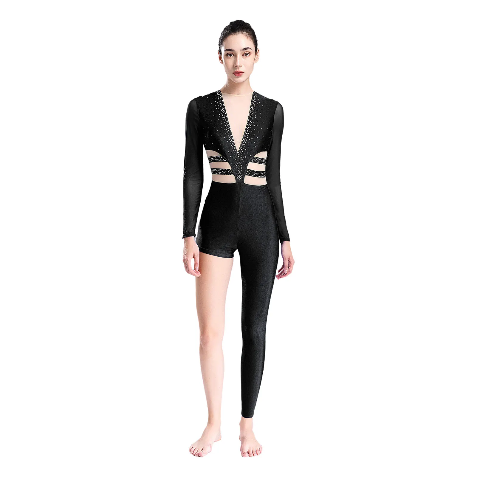 Women's Rhythmic Gymnastics Jumpsuit Asymmetrical Sheer Mesh Long Sleeve Leotard Shiny Rhinestones Dance Acrobatics Bodysuit