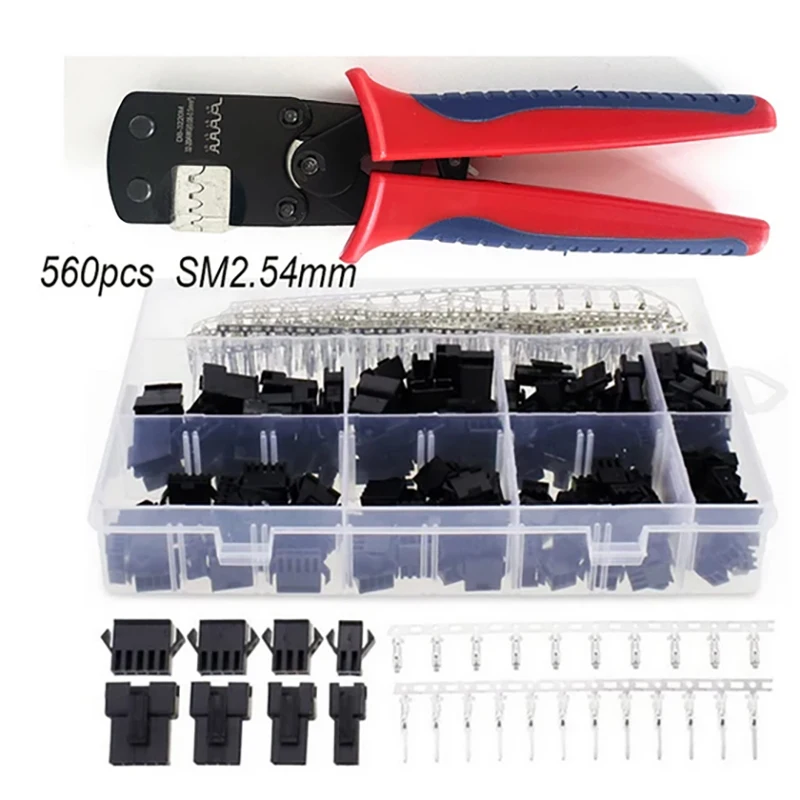 560Pcs SM2.54 Kits 2.54mm Pitch JST SM Connector Crimping Plier 2 3 4 5 Pin Male/ Female Housing Plug Connector Assortment Kit