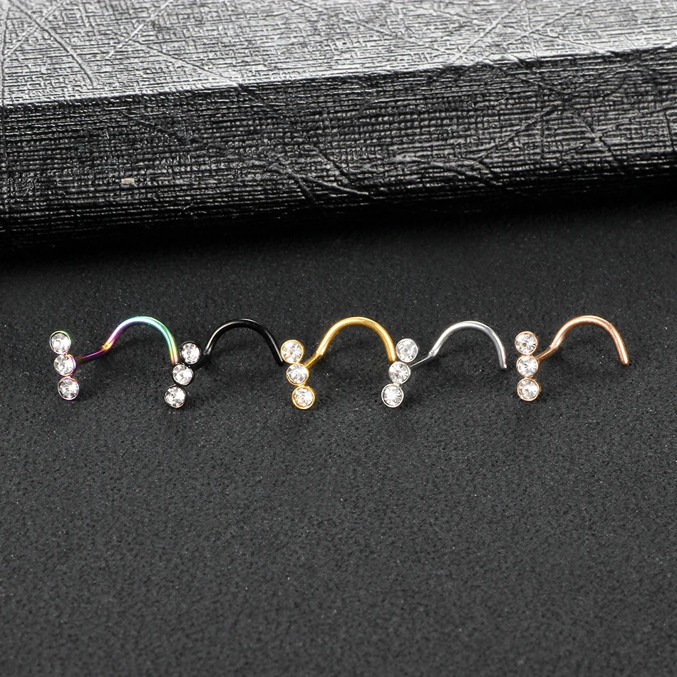 20G 7mm Stainless Steel Nose Wing Piercing Nose Screw Studs 3 Cz Gems Paved Indian Nostril Piercing Body Jewelry Women Punk Gift