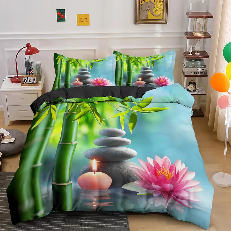 Zen Stones Duvet Cover Queen Twin Natural Meditation Bedding Set for Boys Girls,Kids Spa Still Life Comforter Cover 2/3 Piece