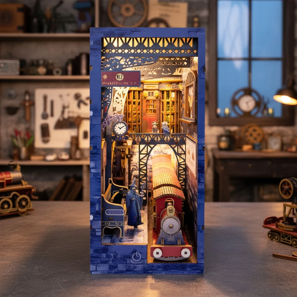 OUZEY DIY magisch thema trein stopboek hoekje -3D houten puzzel miniatuur model kit met beeldjes, uniek huisdecor