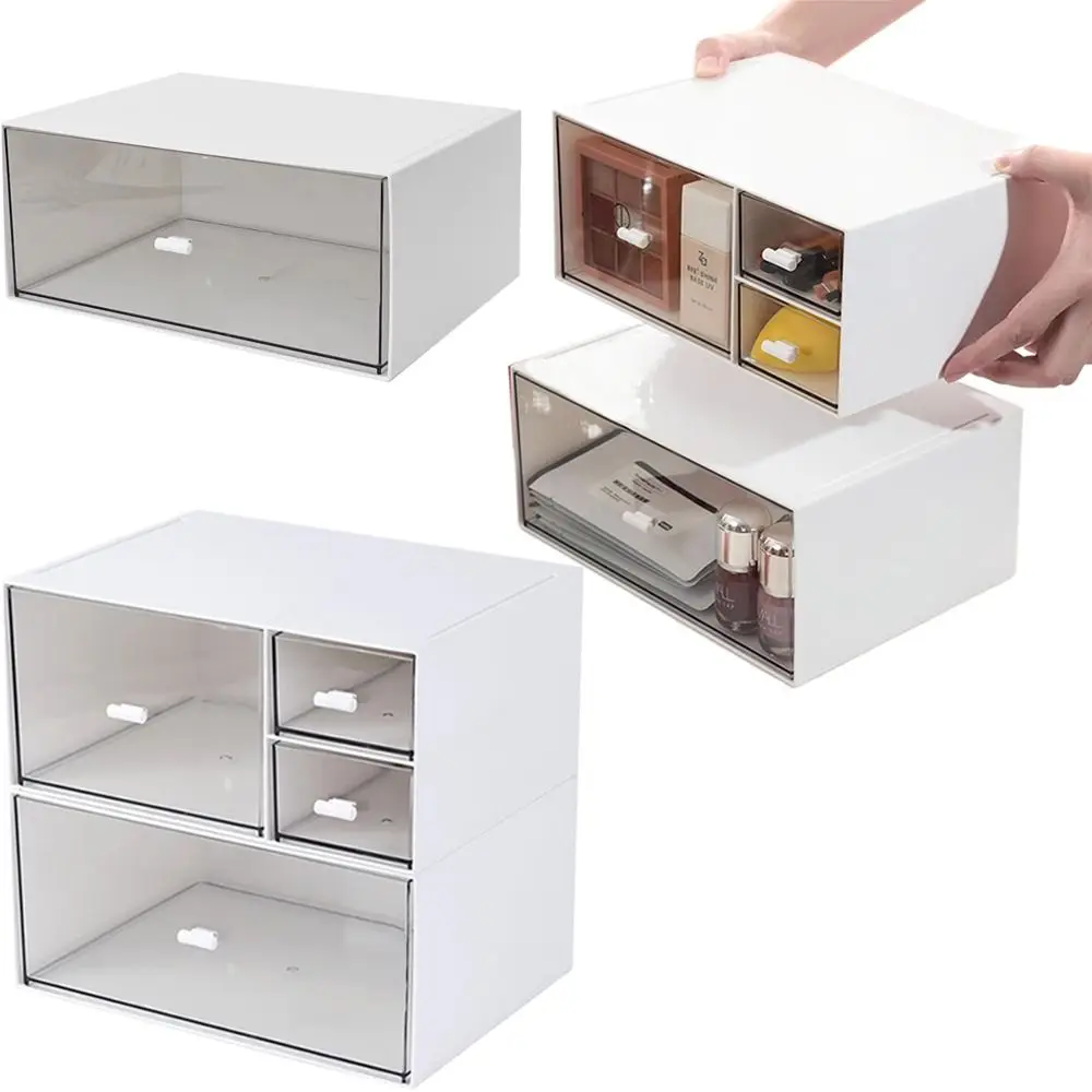 Dustproof Desktop Stationery Finishing Box 1/3 Drawer Compartmented Plastic Makeup Case Stackable Space Saving