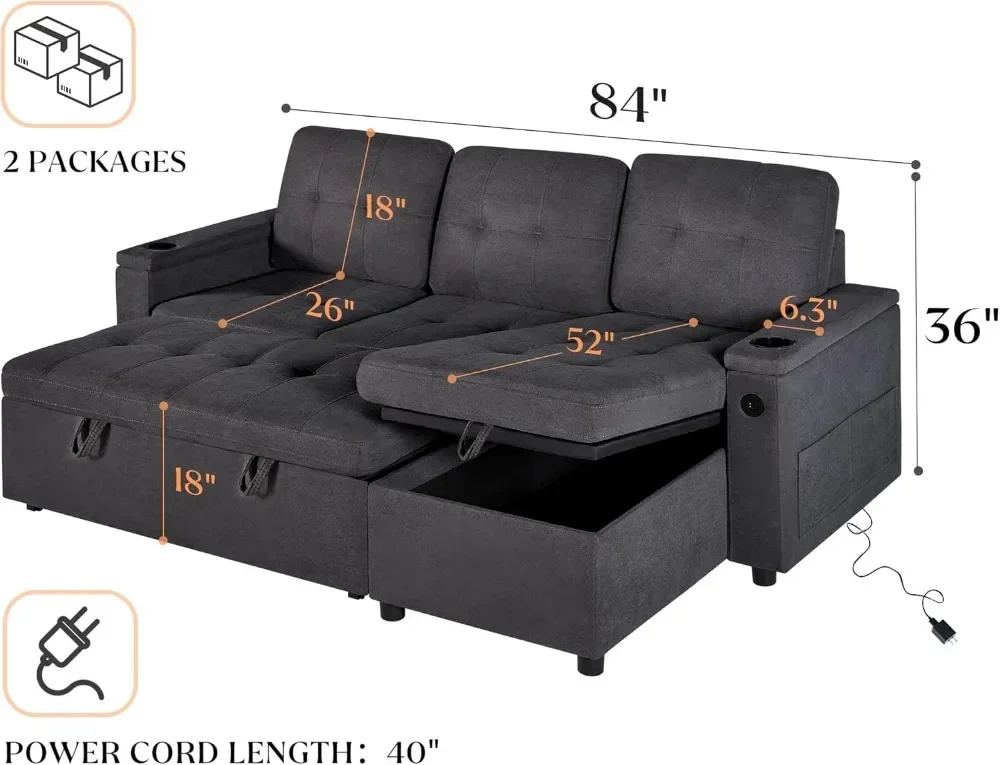 Sofa Bed, Sleeper Sofa with USB Charging Ports, L-Shaped Couch with Storage, Pull out Couch for Living Room, Grey Linen