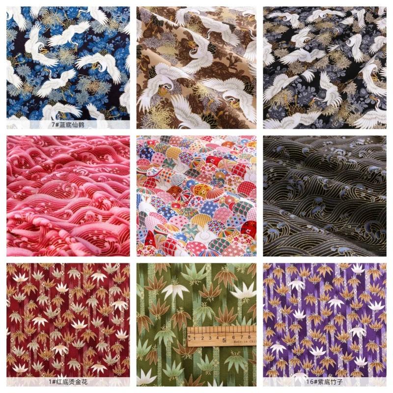 Tela de algodón con estampado de grullas voladoras de bambú, tela japonesa para kimono, 0,5/1/2 yardas, para coser vestidos, ropa, material de patchwork, TJ1023