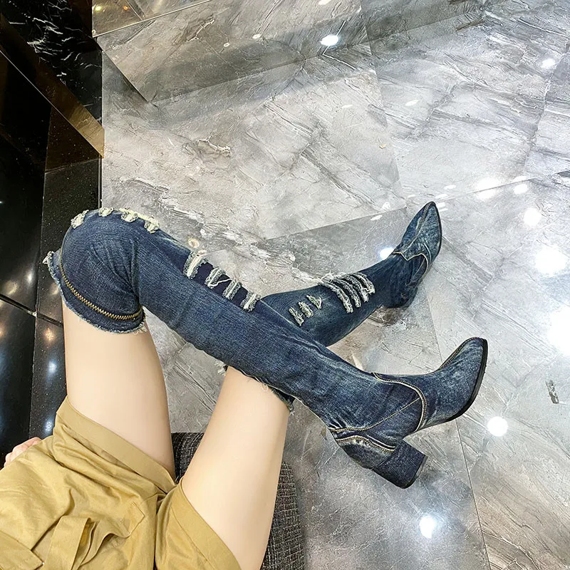 2024 New Women Thigh High Boots Pointed Toe Chunky High Heel Over the Knee Boots Slim Fit Jean Botas Mujer Elastic Denim Shoes