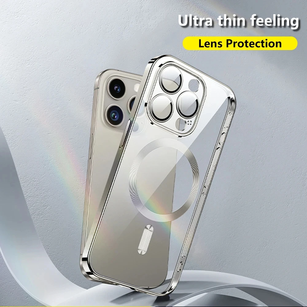 For Apple Plating Magnet Cover Magsafe Case Iphone 15 14 Plus 11 12 13 Pro Max X Xs Wireless Magnetic Clear Glass Protect Camera