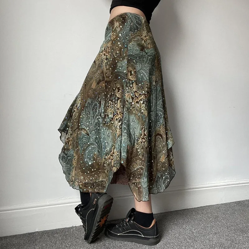 Vestidos femininos saia irregular estampada à base de plantas americanas com design de camadas de nicho pendurado saia longa de renda evasê