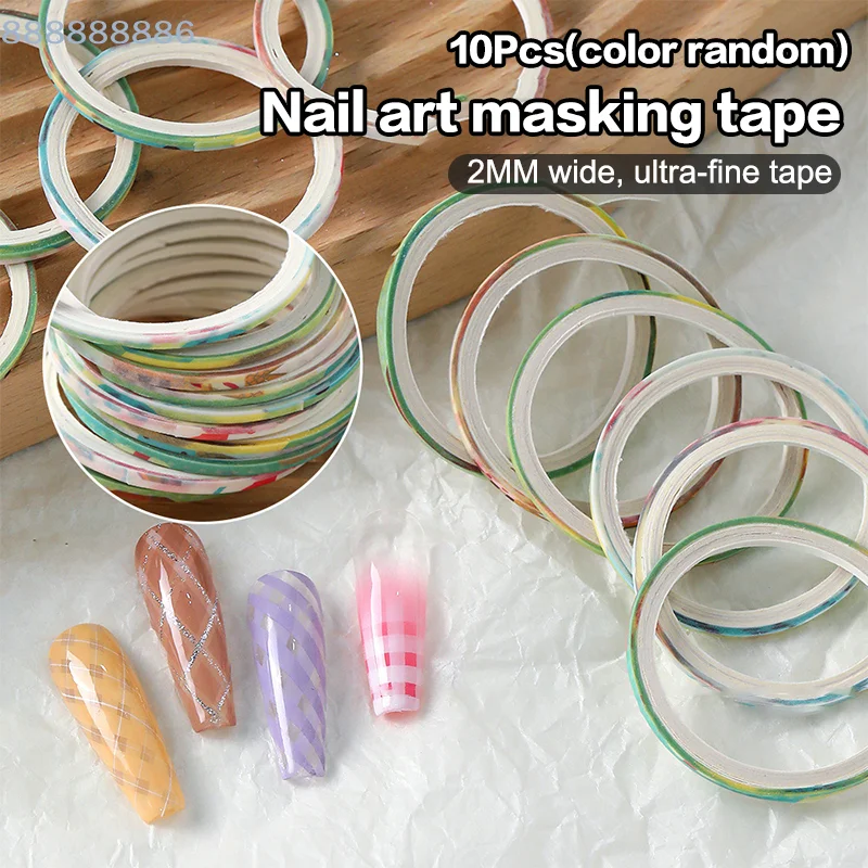 [B]10Rolls Nail Striping Tape Checkered Lines 3d Nail Art Tool Color Rolls Nail Decals DIY Nail Tips Sticker Decoration