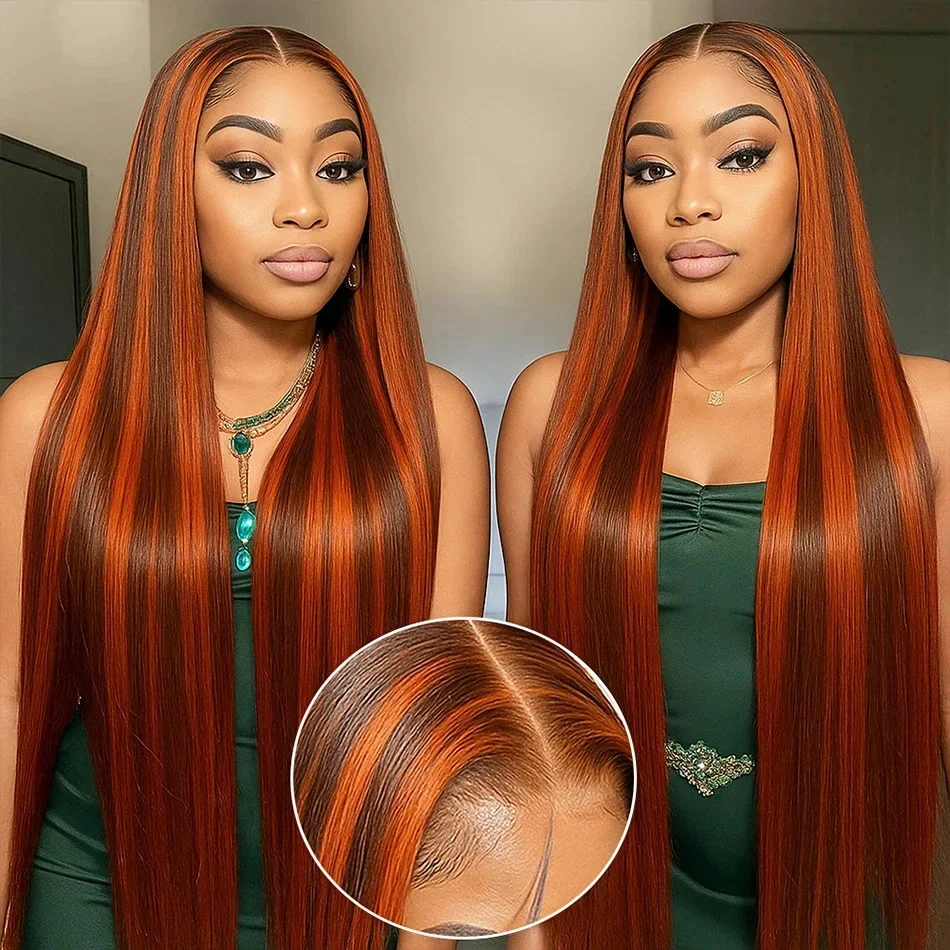 Glueless 100% Human Hair 4/350 Highlight Ombre Straight 13x4 Lace Frontal Wigs With Drawstring Ginger Orange Brown Colored Wig