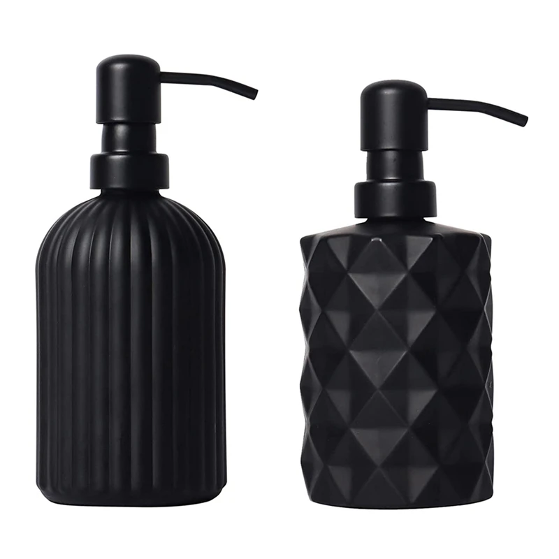 2 Pcs Matte Black Soap Dispenser 13.5 Oz / 11 Oz Glass Hand Soap Dispenser Set For Bathroom And Kitchen, Soap Dispenser