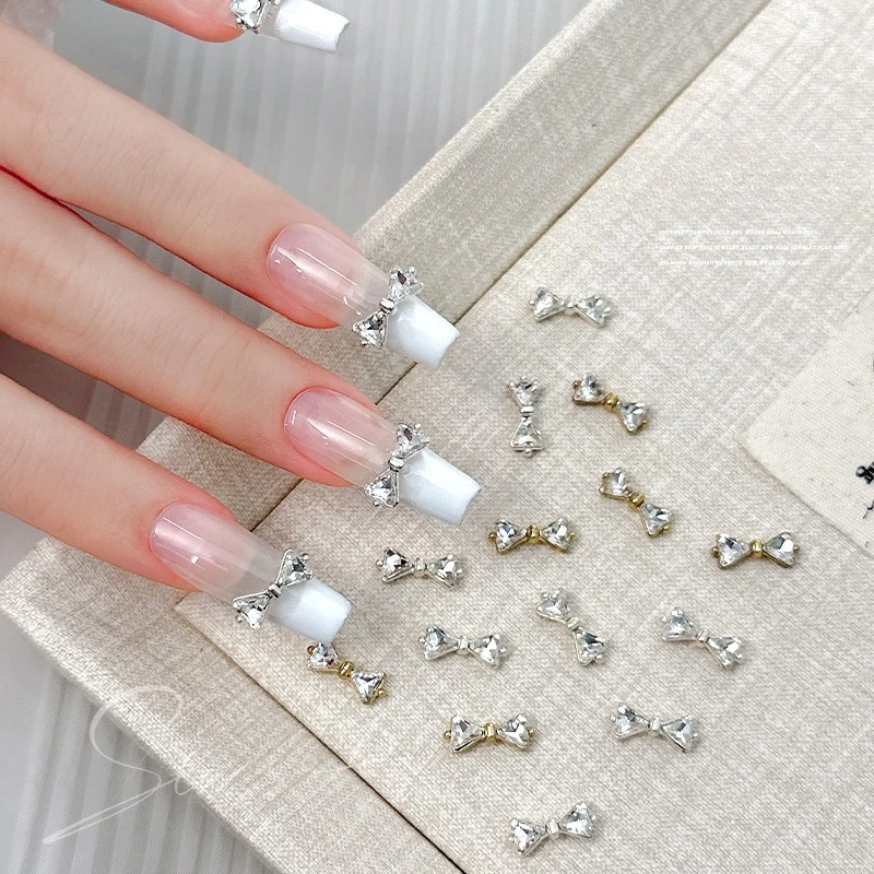 10Pcs Silver French Bow Alloy Nail Charms,handmade stacked shiny rhinestone ornaments for trendy press-on manicure decor