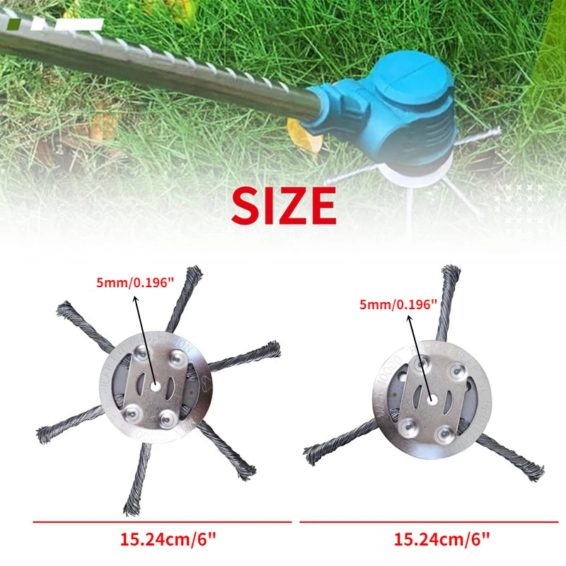 Kepala Pemangkas Rumput Roda Kawat Baja 6 Inci, Mesin Pemotong Rumput Pemotong Sikat Gulma untuk Mesin Pemotong Rumput Lithium-Ion Diameter Lubang 5Mm