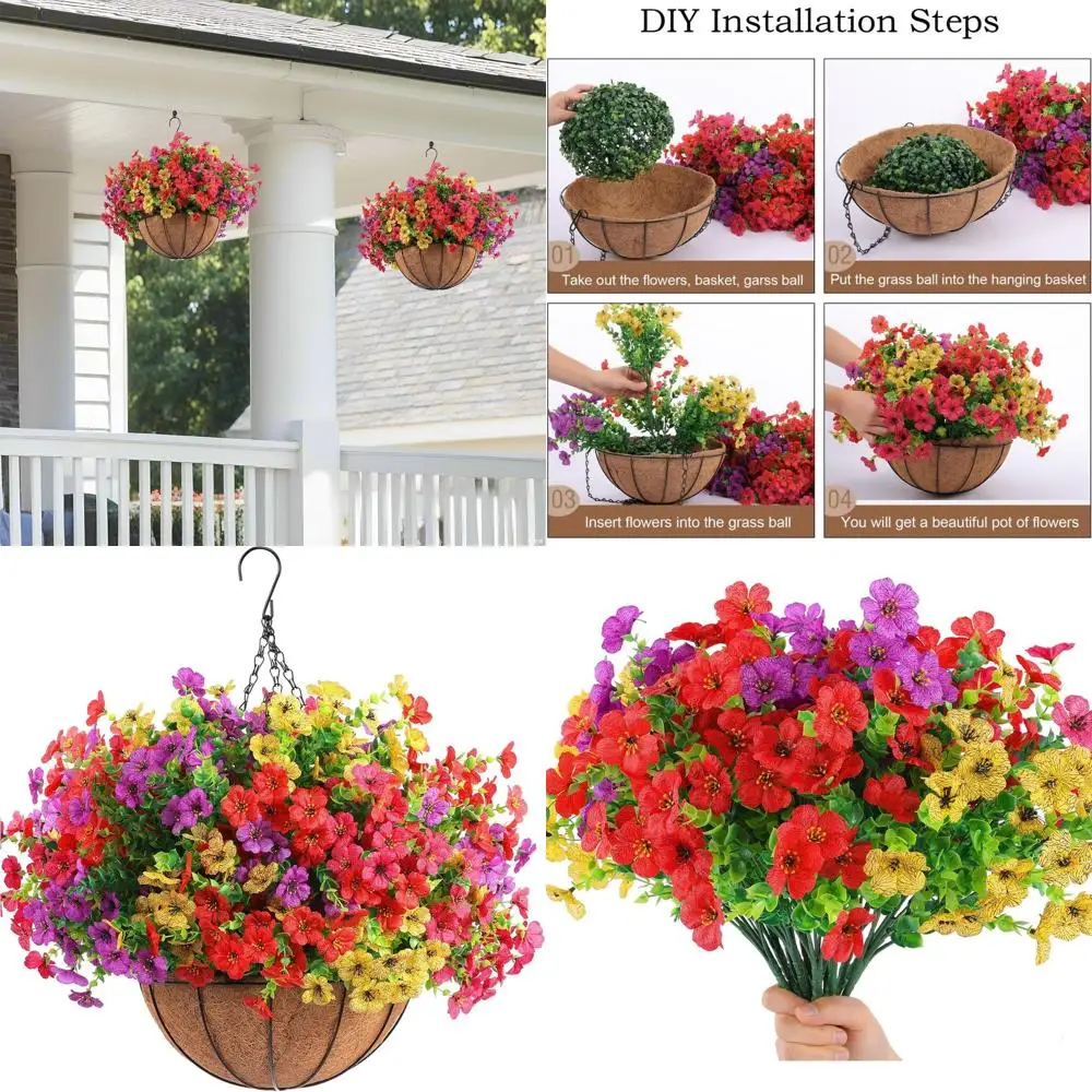 

2 Set Artiicial Outdoor lowers with Hanging Basket, 2 Hanging Planters with 24 Pcs lowers or Spring Summer ront Porch Garden Pat