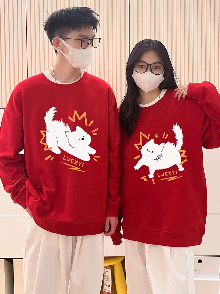 

Cartoon Luck Cat Print Round Neck Men Women Hoodies Sweatshirt 500g Cotton High Quality Autumn Winter Long Sleeve Pullovers Top