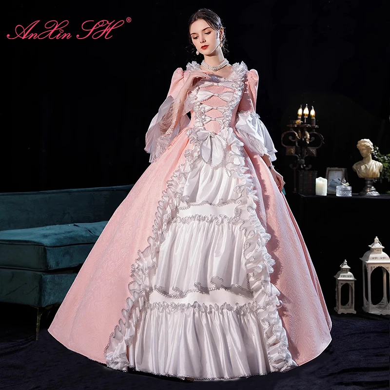 AnXin SH vintage princess flower pink satin sweetheart beading bow ruffle flare sleeve ball gown lace up customized Prom Dresses