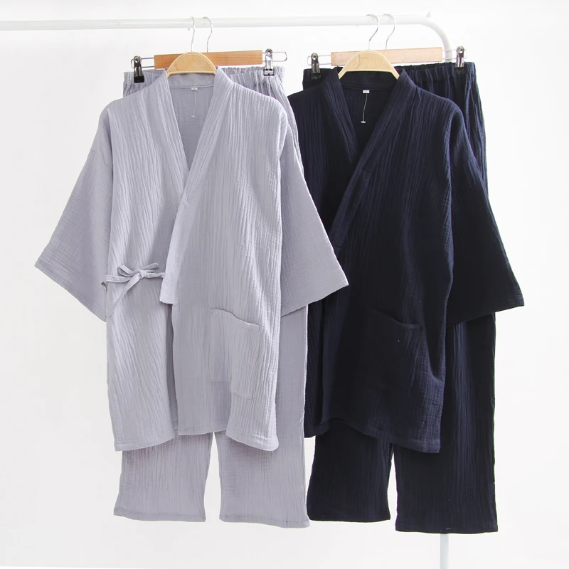 Spring And Autumn men's Japanese Kimono Pajamas Hanfu Pure Cotton Crepe plus-size Loose Home Suit Zen Suit Sweat Suit