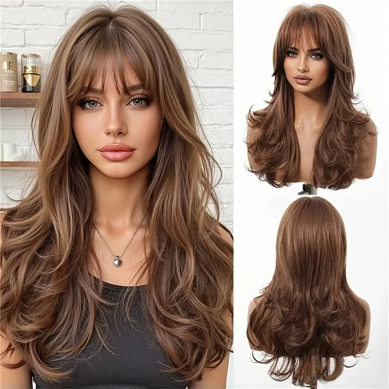 28-inch 70cm Mixed Color Wavy Bangs Curly Synthetic Hair with Hair Net Wig, Stylish for Women Suitable for Daily Life and Dates