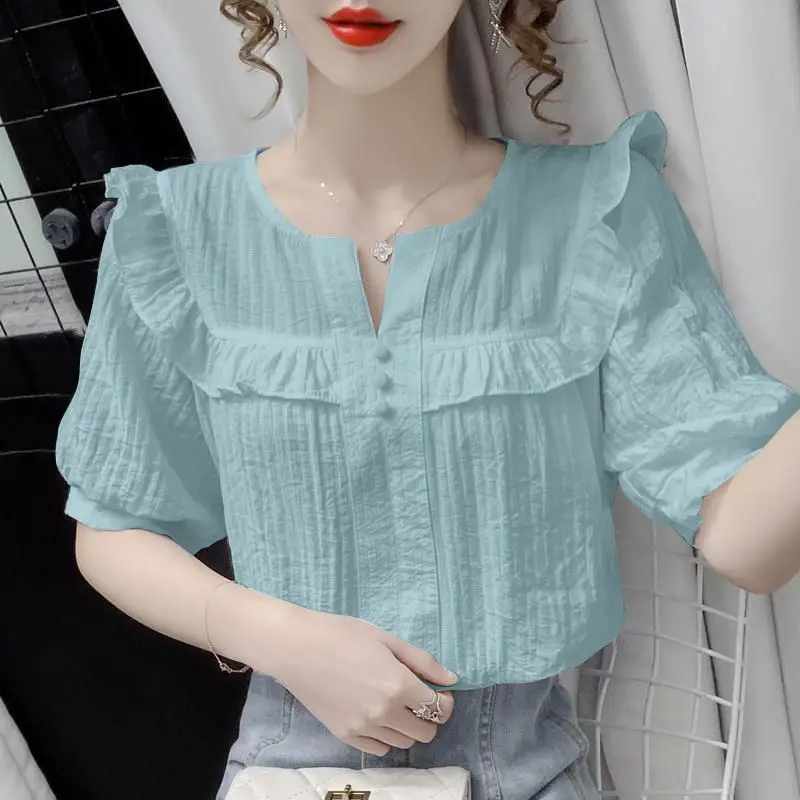 Summer New Casual Fashion Ruffles Solid Simple Shirt Ladies Short Sleeve Loose All-match Pullover Blouse Women Oversized Tops