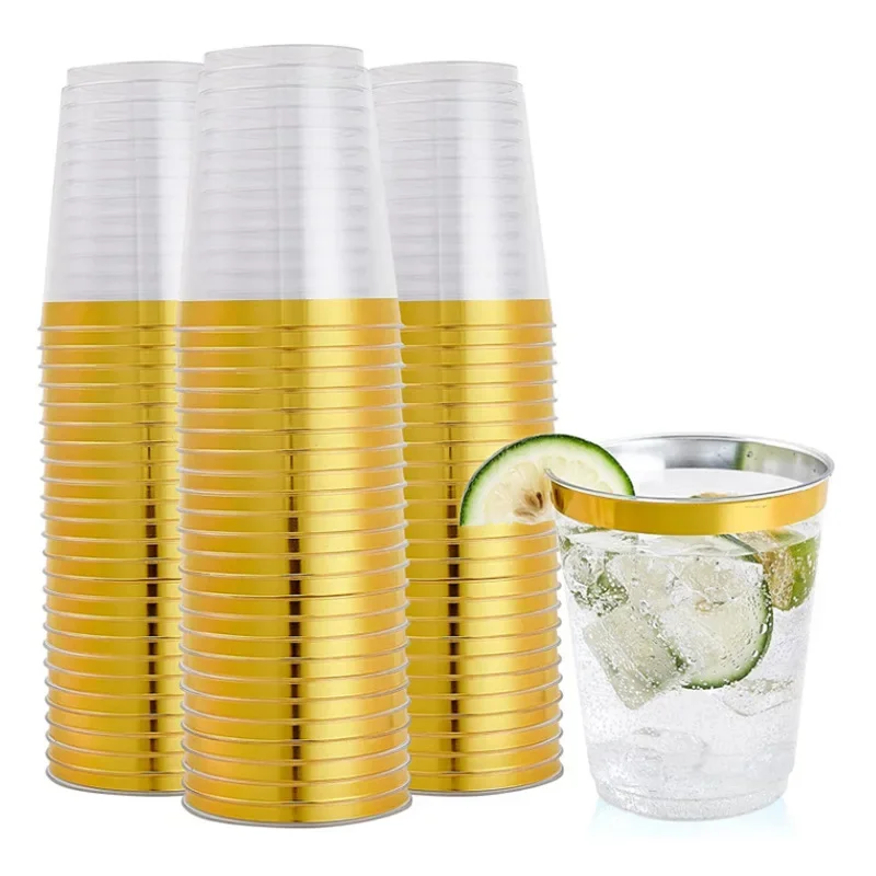 50/100pcs 10 Oz Gold Plastic Cup with Gold Border Disposable Cup Party Disposable Thicken Plastic Cup Birthday Wedding Supplies image 3