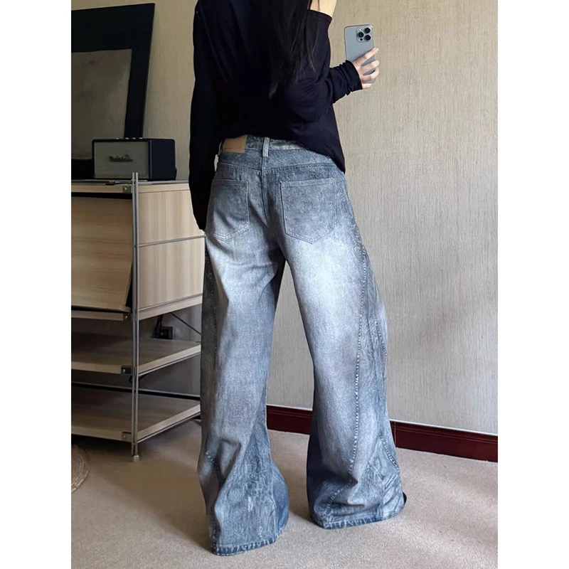 ZHIZOU Женские мешковатые широкие джинсы Серые джинсовые брюки Американский винтаж 2000-х годов Bleach High Street Y2K Японский Harajuku Ковбойский гранж