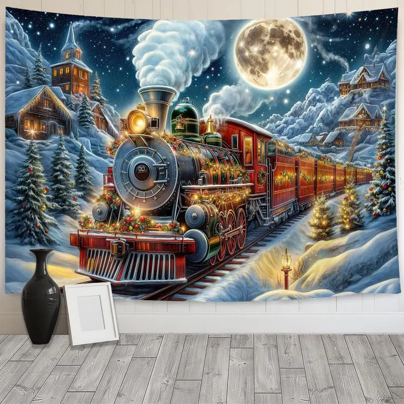 VIKAMA Vintage Christmas Train Tapestry Wall Hanging Steam Locomotive Snowy Village Moon Aesthetic Wall Art Living Room Decor