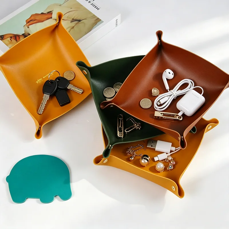 Multi‑Purpose PU Leather Catchall Tray, Fold‑up Desk Storage Dish for Keys Coins Jewelry Earbuds Home Dresser Office Table Decor