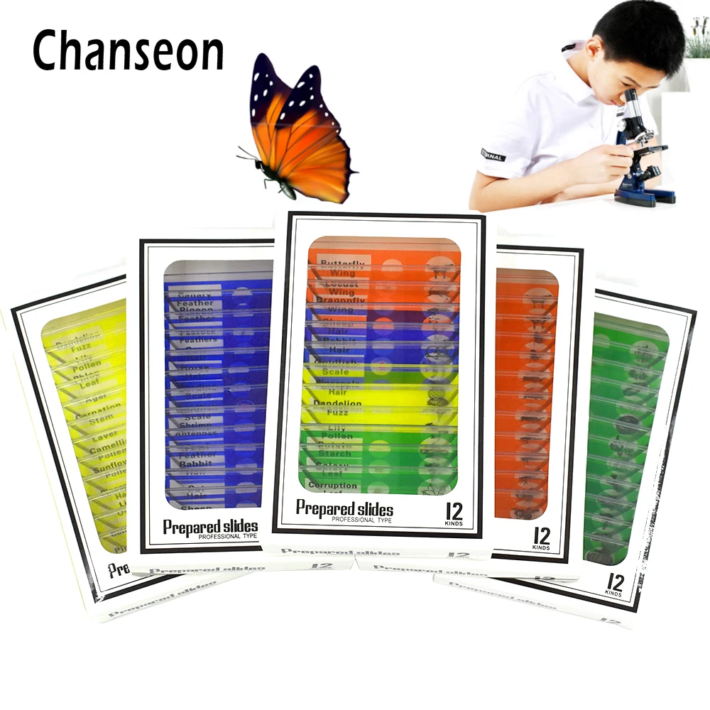 Chanseon 12pcs/Set  Plastic Slides Biological Specimen with  for Children Student Microscope Enlighten Education