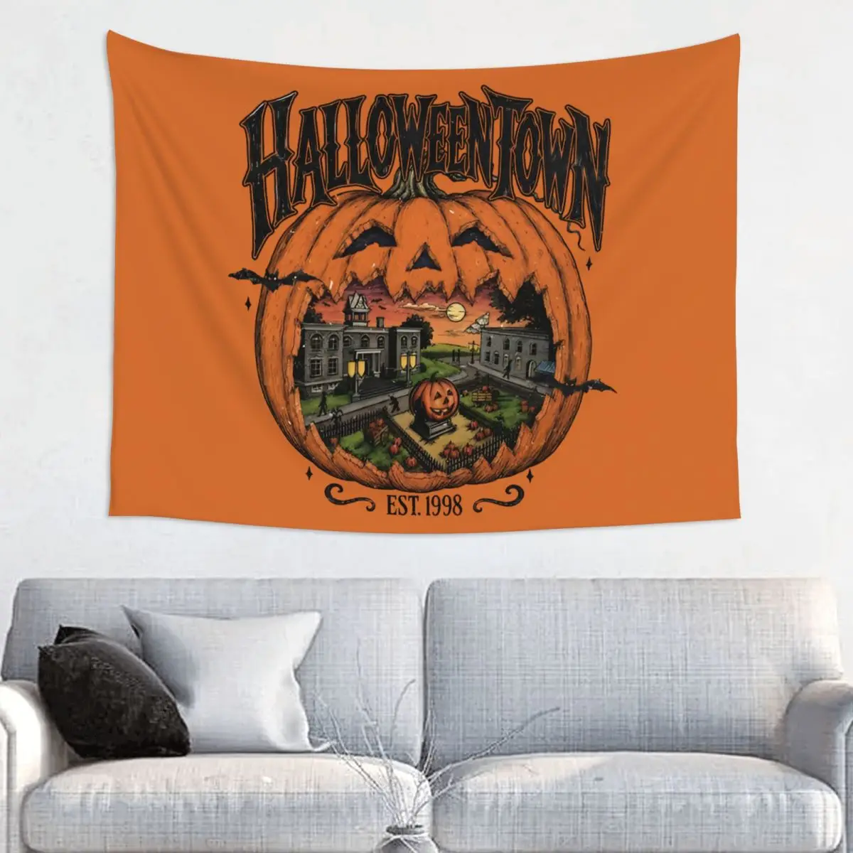 Halloween Town Tapestry Hippie Polyester Wall Hanging Pumpkin Haunted House Spooky Room Decor Background Cloth Retro Tapestries