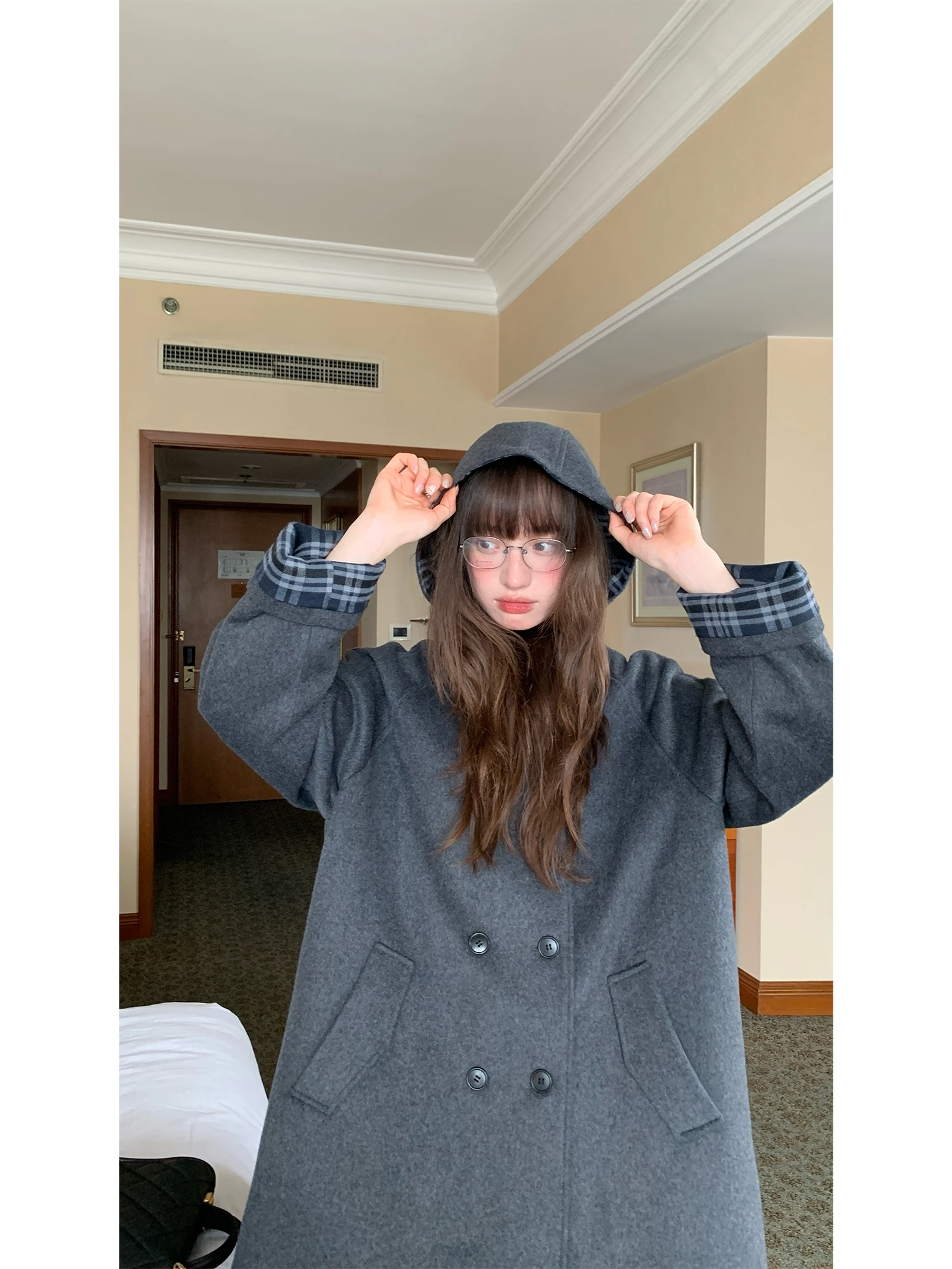 

RAINY Women's Woolen Coat with Hood Stand Collar Retro Double Row Buttons Plaid Splicing Autumn Winter Faion Sweet Sle